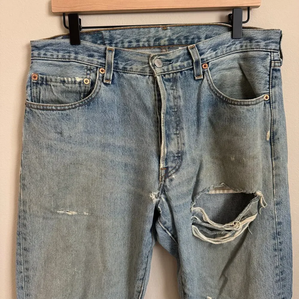 Vintage 90s Levis 501s Thrashed Light Wash Mens 34 x 30 Distressed Red Tab Jeans